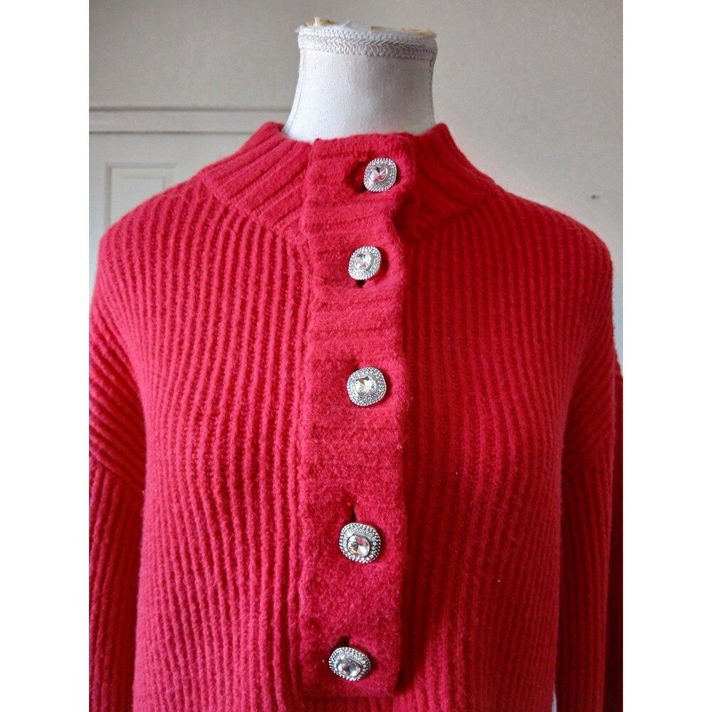 Talbots Red Ribbed Knit Sweater Jeweled Button Mock Neck Long Sleeve Size XS - Picture 6 of 16